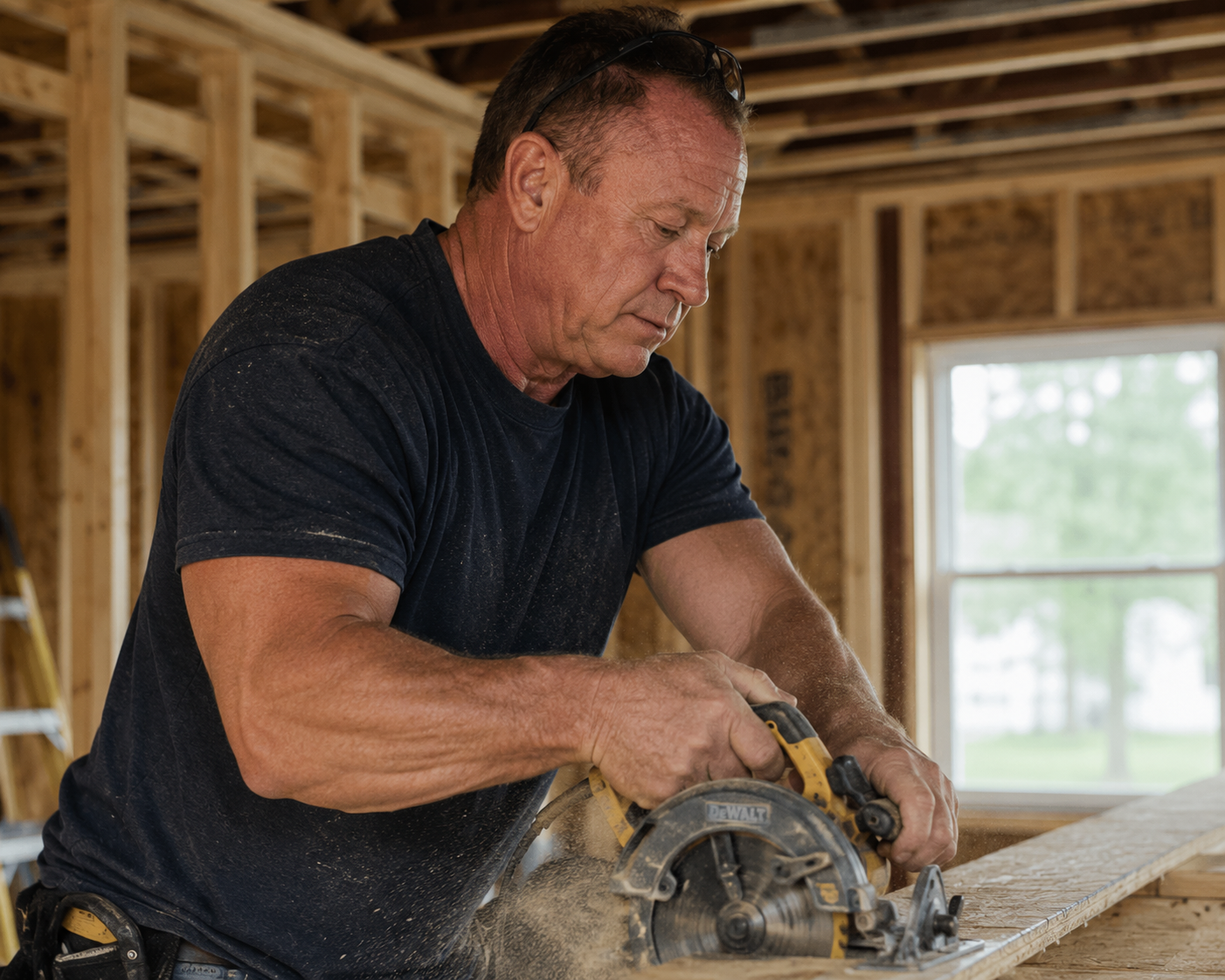 Dean Mince cutting siding with a circular saw on a job site