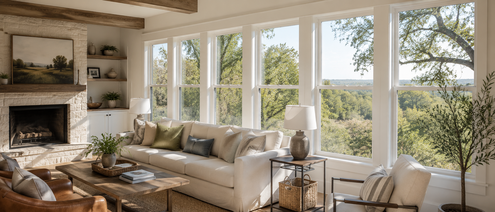 Living room with a wall of bright new double-hung windows overlooking the Texas Hill Country