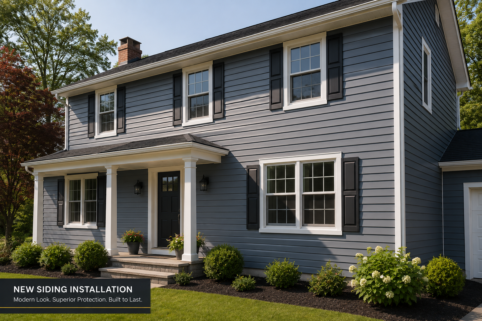 Two-story home with new slate-blue siding and white trim